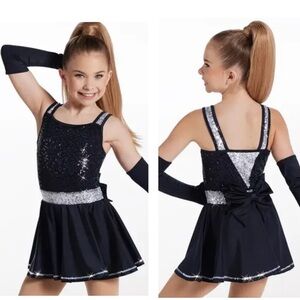 Weissman one kiss dance costume, black and silver sequin dress with gloves bow
